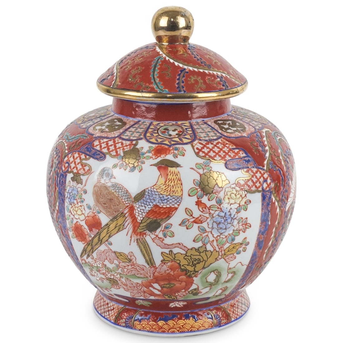 Vintage Japanese Amari Covered Jar: Vintage Japanese Amari Porcelain Covered Jar. Signed on the base. Measures 10-1/4" x 7-1/2". Condition: Good condition. Estimate 50 - 150 Domestic shipping Third Party