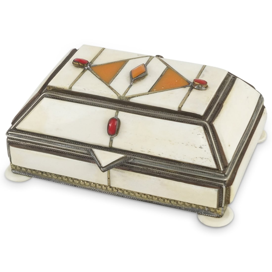 Vintage Middle Eastern Jewelry Box: Vintage Middle Eastern Bone and Semiprecious Stone Inlaid Jewelry Box. Measures 3" x 6-5/8" x 5". Condition: Good condition. Estimate 50 - 150 Domestic shipping Third party