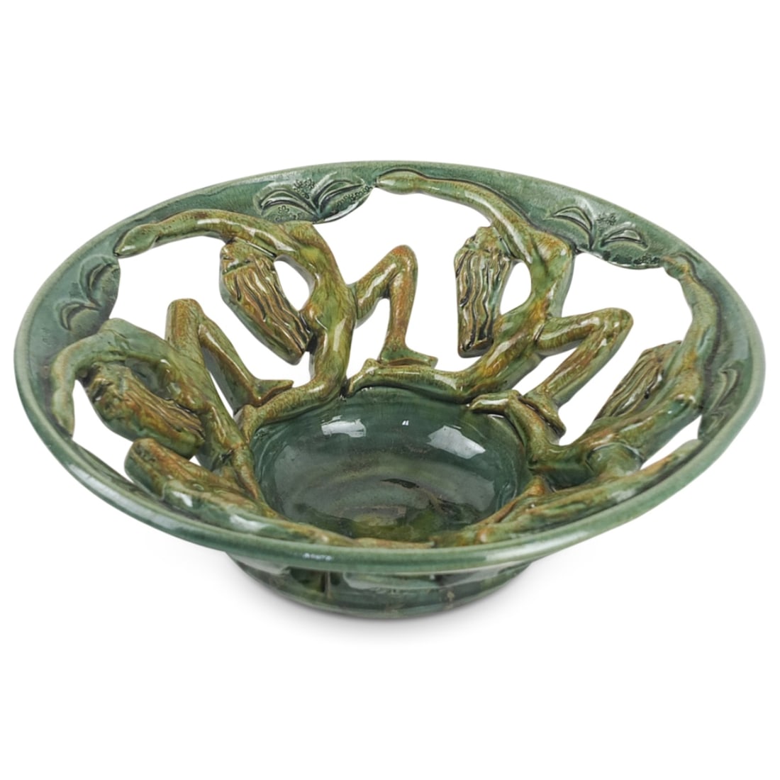 Vintage Art Deco Porcelain Bowl: Vintage Art Deco Nude Figural Glazed Porcelain Bowl. Signed on the base. Measures 3-3/4" x 10-3/8". Condition: Good condition. Estimate 50 - 150 Domestic shipping Third Party