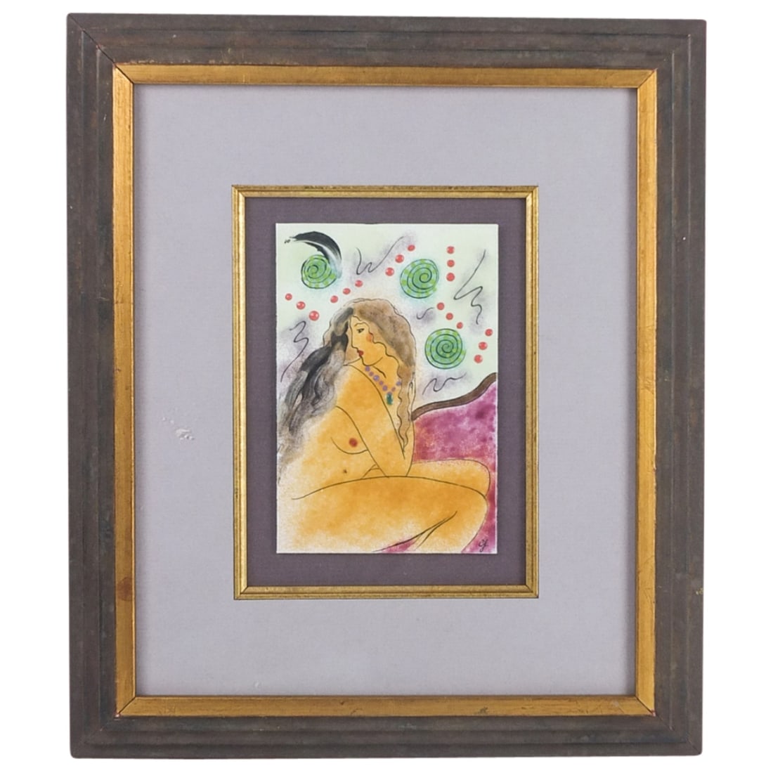 Vintage Enamel Over Copper Plaque: Vintage Enamel Over Copper Plaque "Portrait of a Nude" Signed Lower Right. Plaque measures 6-1/4" Frame measures 13-3/4" x 11-3/4". Condition: Good Condition. Estimate 50 - 150 Domestic shipping Third