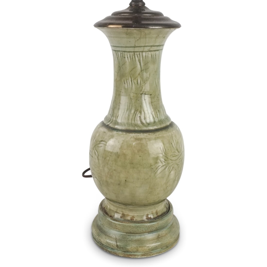 Antique Chinese Porcelain Lamp: Antique Chinese Longquan Celadon Porcelain Vase Mounted as a Lamp. Overall measures 22-1/2" x 4-1/2". Vase measures 9-1/4" Height. Condition: Has crazing to the surface. Estimate 100 - 200 Domestic sh