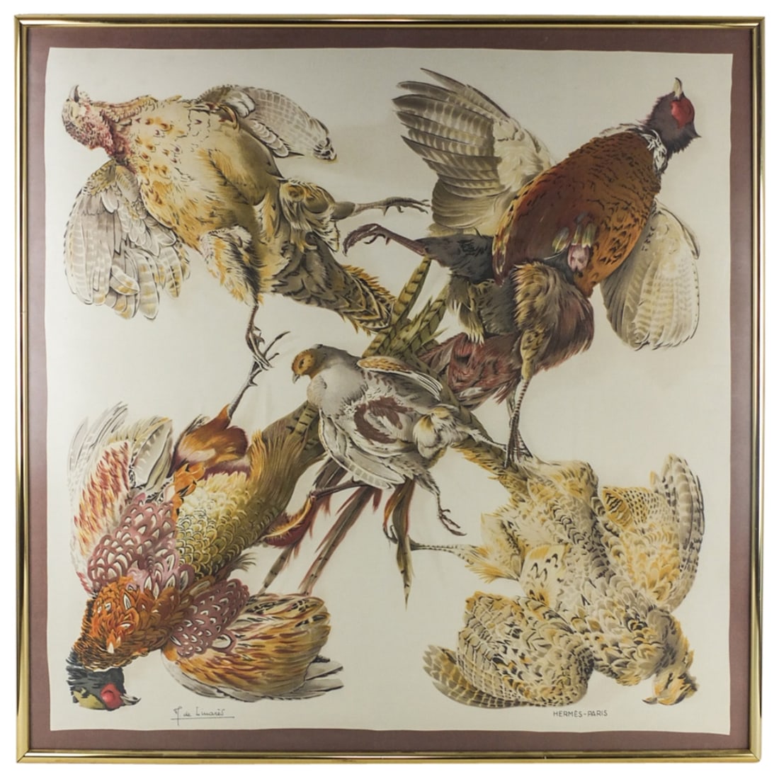 Vintage Hermes "Belle Chasse" Scarf: Framed Vintage Hermes "Belle Chasse" Silk Scarf designed by Henri De Linares. Sight measures: 33-3/4 x 33-3/4. Frame measures: 35 x 35. Condition: Good Condition Estimate 200 - 500 Domestic shipping T