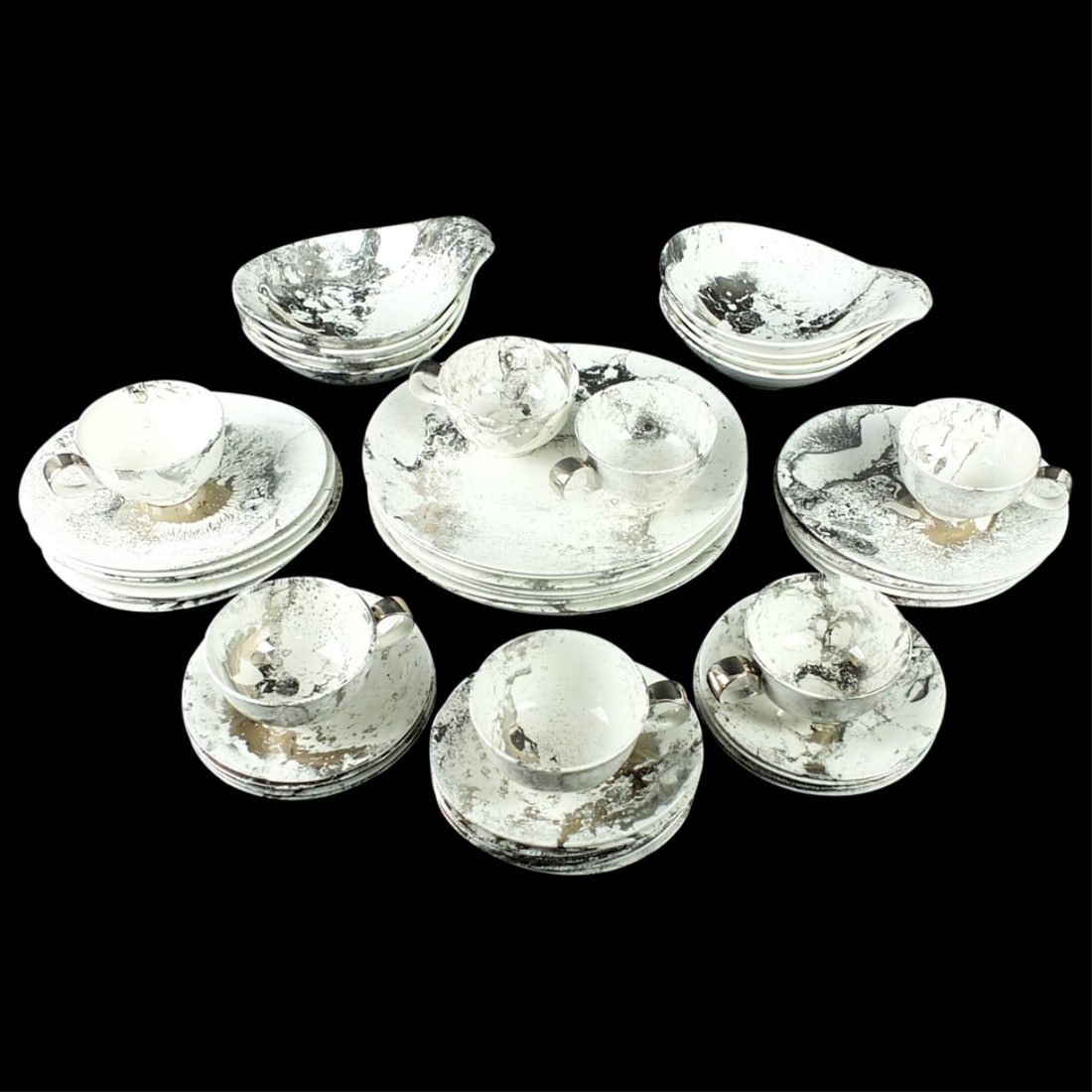 Vintage Nessa Ganlois Dinner Service: Vintage Nessa Ganlois Porcelain Dinner Service. Includes eight dinner plates measuring 11-1/4", Twelve salad plates measuring 8-1/2", Eight bread & butter plates, Eight bowls, Seven cups, Eight saucer