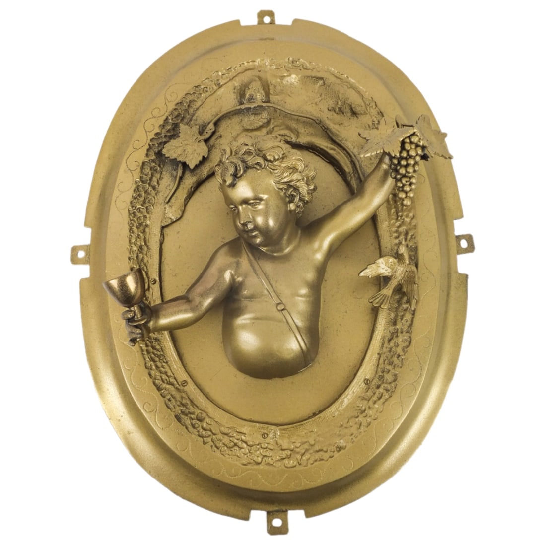 Antique French Bronze Wall Applique: Antique French Gilt Bronze Cherub Bacchus Figural Wall Applique. Measures 20" x 15-1/4". Condition: A few small chips to the flowers and to the surface otherwise good condition. Estimate 200 - 500 Dom