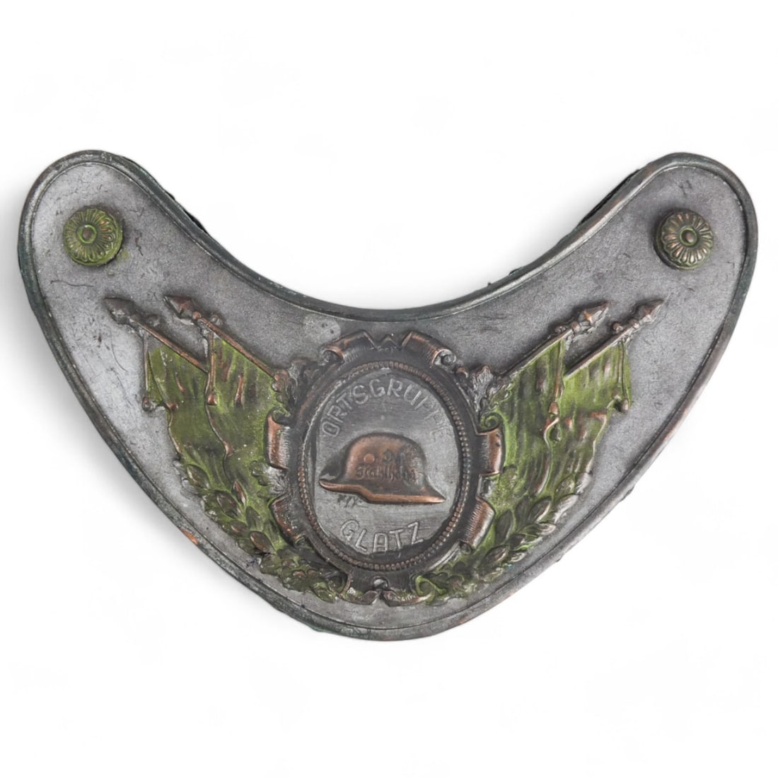 WWII German Third Reich Ortsgruppe Glatz Gorget: WWII German Third Reich Ortsgruppe Glatz Gorget with Prongs. Measures 4-1/4" x 6-1/2". Please note; this item has not been authenticated by a third-party expert. The seller makes no guarantees regardi