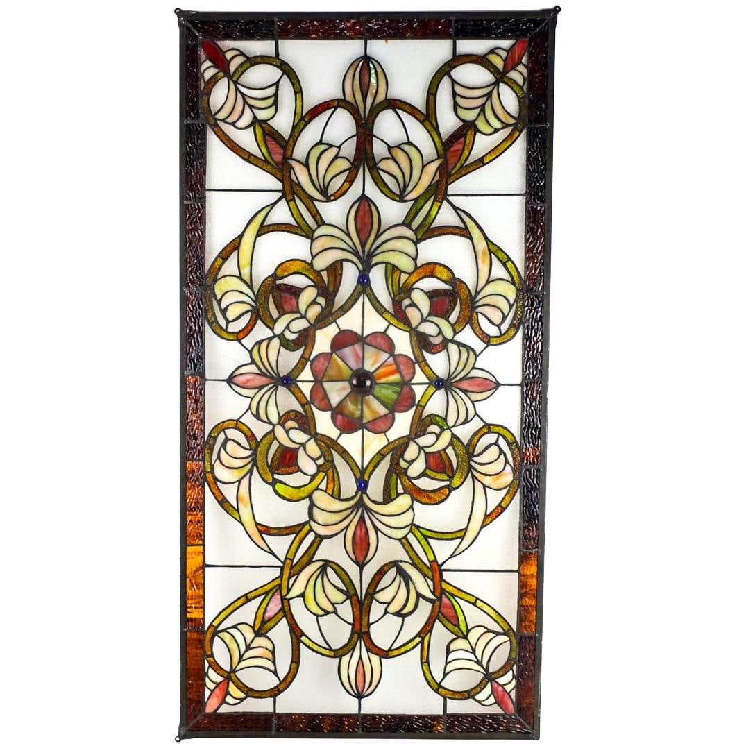 Large Vintage Leaded Glass Panel: Large Vintage Leaded Glass Panel with Inlaid Jewels. Measures 40-1/4" x 20-1/4". Condition: Good condition. Estimate 100 - 200 Domestic shipping Third party