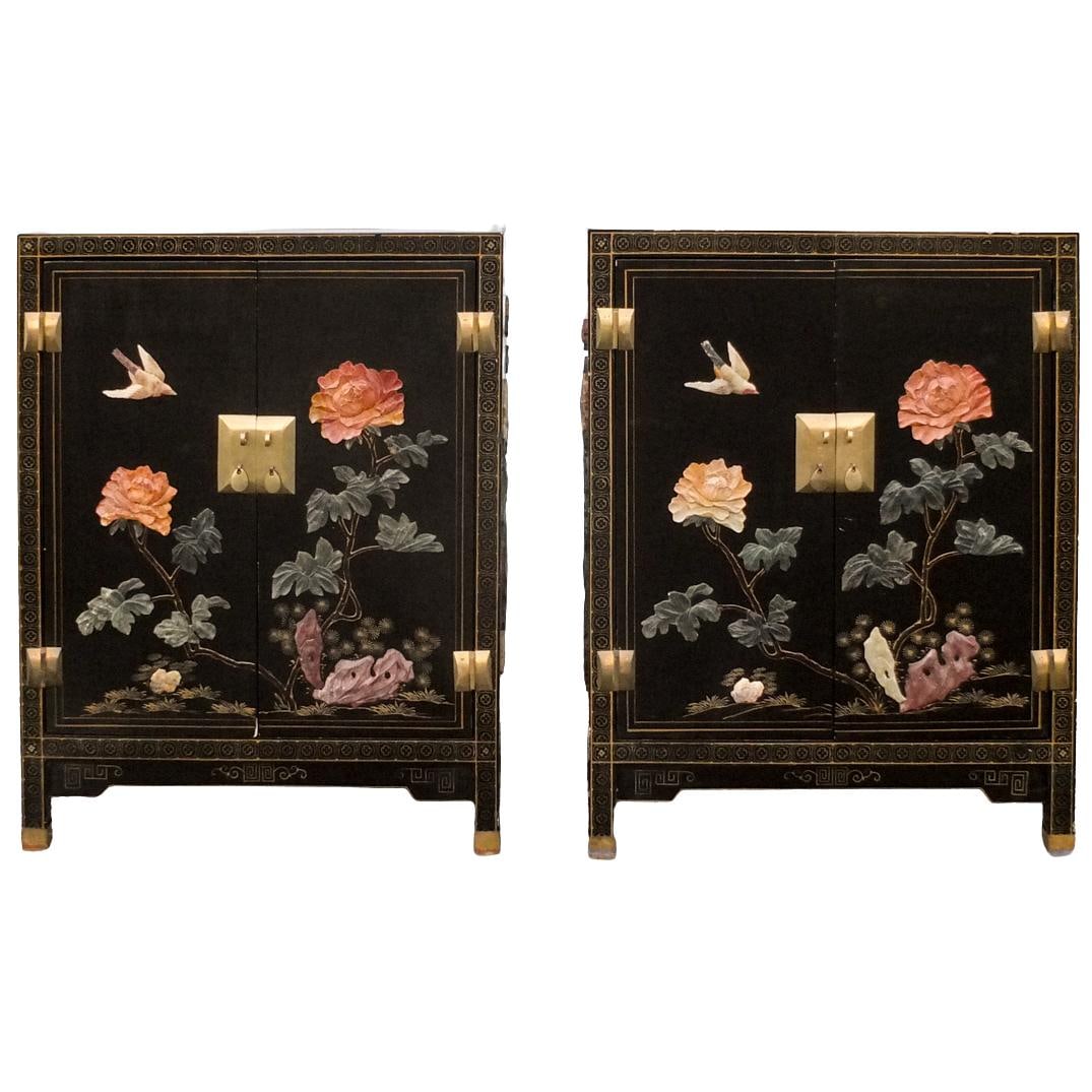 Pair of Chinese Semi Precious Inlaid Cabinets: Pair of Mid Century Chinese Black Lacquered Semi Precious Inlaid Cabinets. Measures 30-1/4" x 23" x 11". Condition: Normal rubbing on the corners otherwise good condition. Estimate 200 - 600 Domestic 