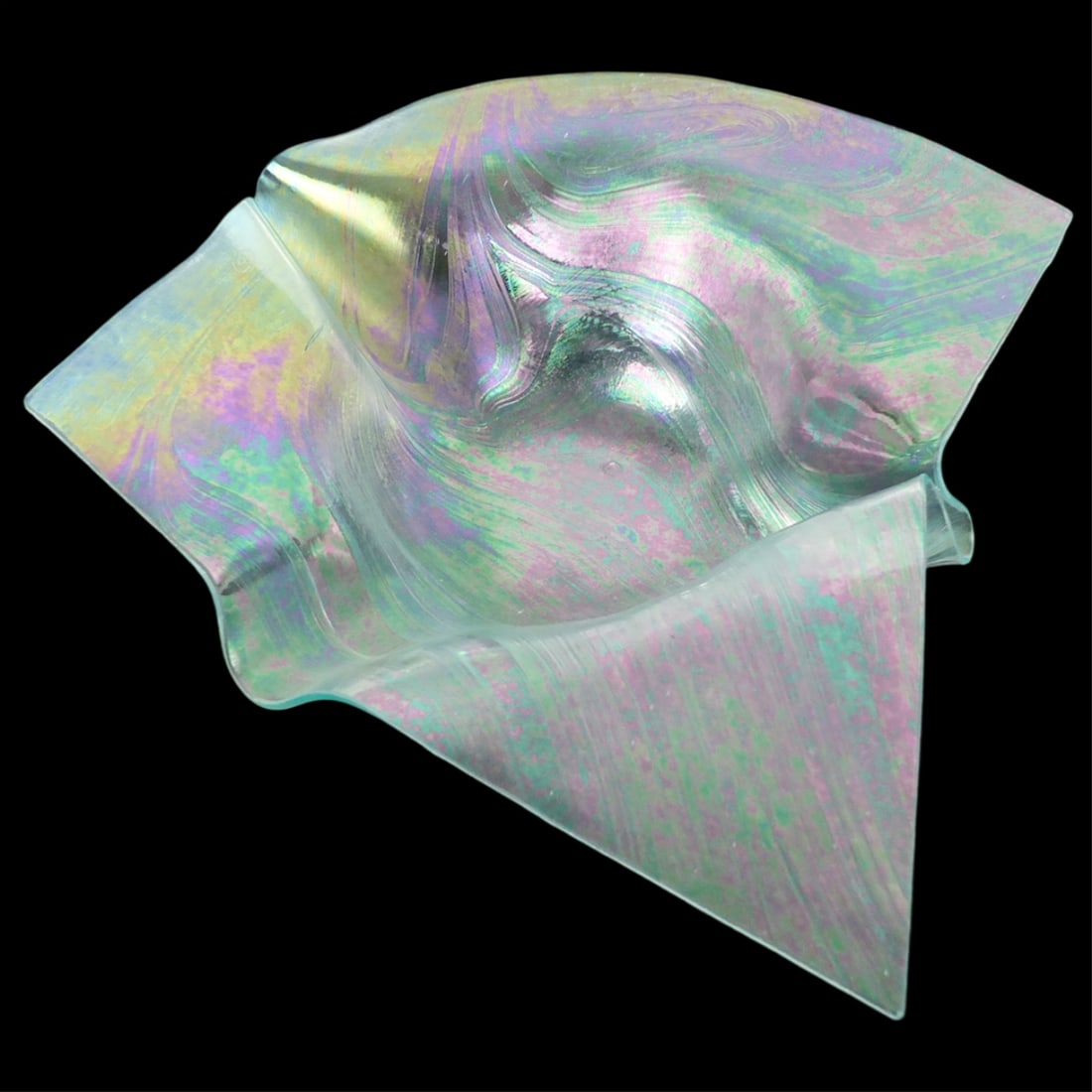Vintage Glass Handkerchief Bowl: Vintage Iridescent Glass Handkerchief Bowl. Measures 2-7/8" x 14-3/4" x 14". Condition: Good condition. Estimate 50 - 150 Domestic shipping Third party