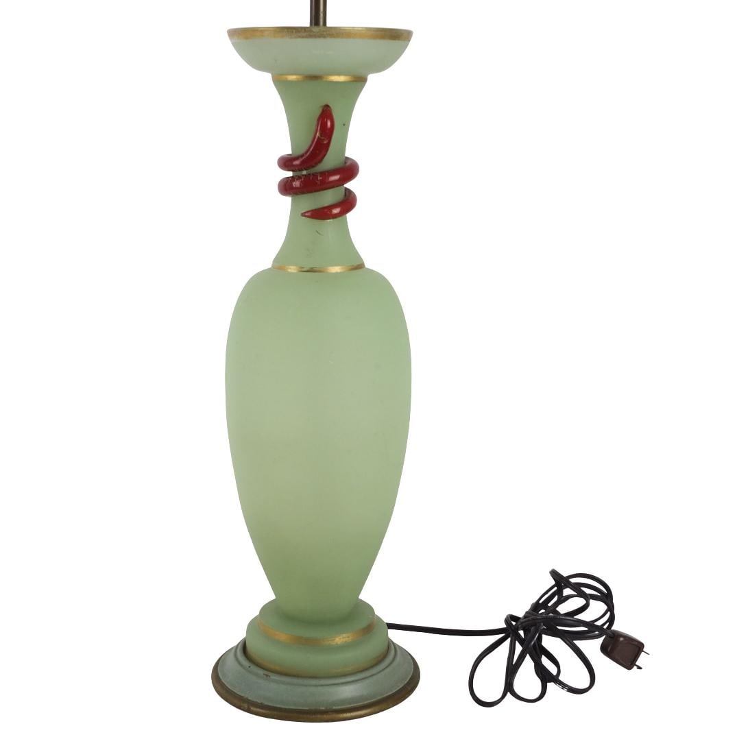 Antique Baccarat Glass Lamp: Antique Baccarat Opaline Glass Snake Vase Presented as a Lamp. Overall measures 34-1/2" x 6-1/4". Vase measures 18-1/4" x 5". Condition: Rubbing to the gilt trim, slight scuffs to the surface that may