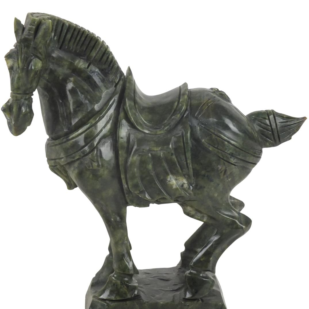 19/20th C. Chinese Carved Jade Figurine: 19/20th Century Chinese Carved Jade Tang Style Horse Figurine. Measure 8-3/8" x 8-1/4" x 2-3/4". Condition: Good Condition Estimate 150 - 250 Domestic shipping Third Party