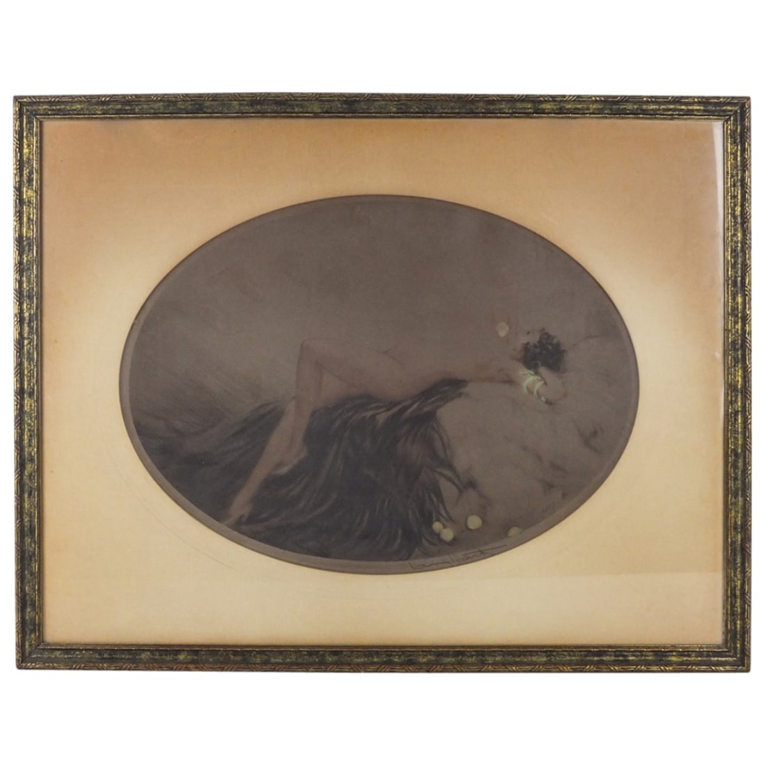 Louis Icart, French / American (1888 - 1950): Louis Icart, French / American (1888 - 1950) Lithograph on Paper "Reclining Nude" Signed Lower Right. Sight measures 14-1/4" x 19-3/8". Frame measures 21-5/8" x 27-5/8". Condition: Heavy toning to the