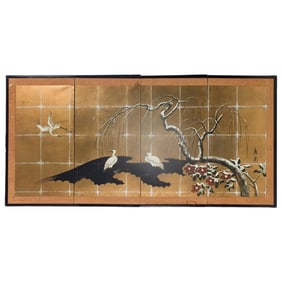 Antique Japanese 4 Silk Panel Screen