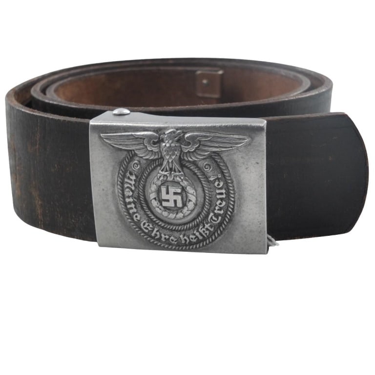 Men's German WWII w/ Buckle: Men's German WWII Waffen SS Leather Belt with Buckle. Markings read Meine Ehre Heist Treue!" (My Honor is Loyalty!). Reverse maker reads RZM 36/39 SS. Buckle measures 2-1/2" x 1-7/8". Please be advise