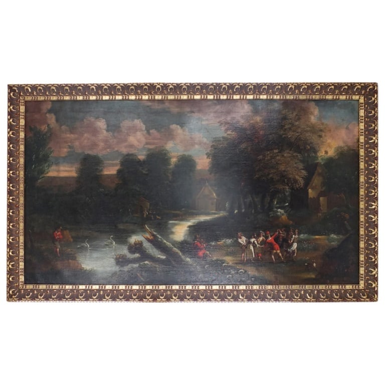 After: Francesco Zuccarelli (1702 - 1788): After: Francesco Zuccarelli, Italian (1702 - 1788) Oil on Canvas "Village Scene" Unsigned. 32-7/8" x 59-1/4". Frame measures 39-1/4" x 65-3/4" Condition: Good condition. Estimate 400 - 1200 Domestic s