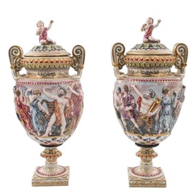Pair of Antique Capodimonte Porcelain Covered Urns