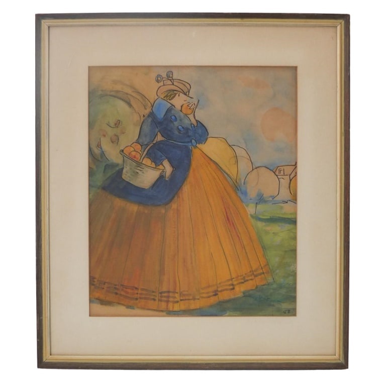 Watercolor on Paper: Early to Mid 20th Century Watercolor on Paper "Woman with Fruit Basket" Signed Lower Right. Sight measures 11-3/4" x 9-3/4". Frame measures 16-3/4" x 14-3/4". Condition: Toning to the paper otherwise 