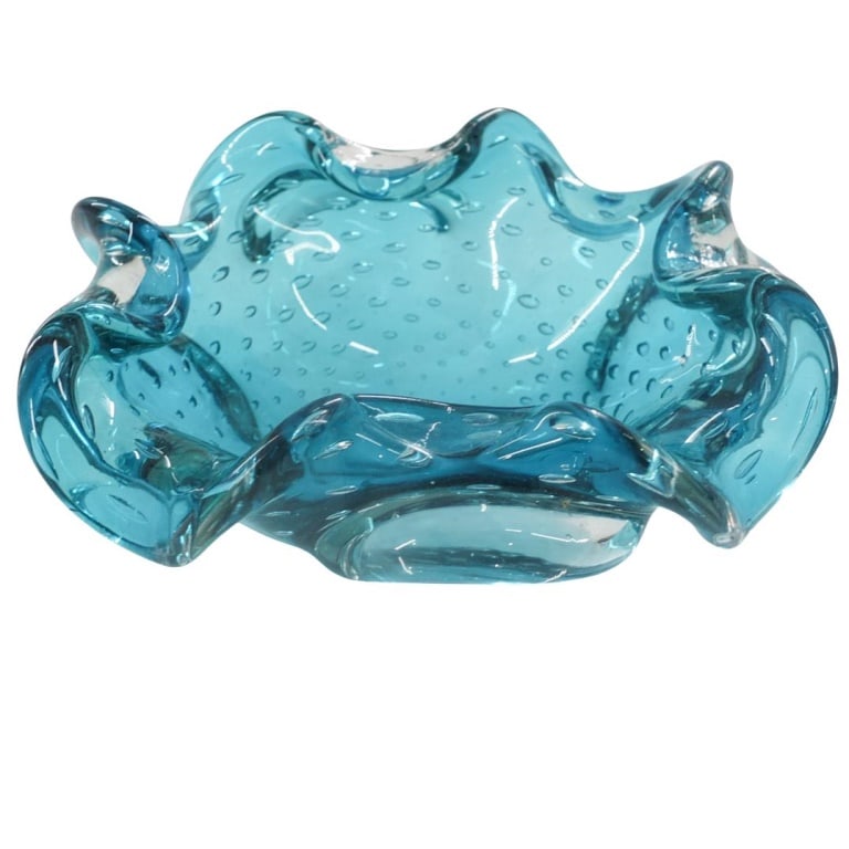 Vintage Murano Glass Bowl: Vintage Murano Blue and Clear Glass Free Bowl. Unsigned. Measures 2-3/4" x 7". Condition: Scuffs to the base. Estimate 50 - 150 Domestic shipping Third party