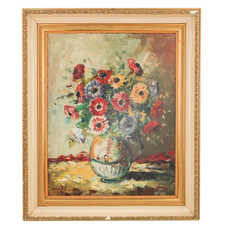 Dubois, French (20th Century): Dubois, French (20th Century) Oil on Canvas "Still Life" Signed Lower Left. Inscribed in French en verso. Measures 19" x 15-1/4". Frame measures 24-1/2" x 20-1/2". Condition: Good condition. Estimate 