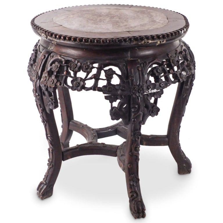 Antique Chinese Carved Rosewood Stand: Antique Chinese Carved Rosewood Marble Top Stand. Measures 19-1/2" x 18". Condition: Rubbing to the Patina. Otherwise good condition. Estimate 100 - 150 Domestic shipping Third party