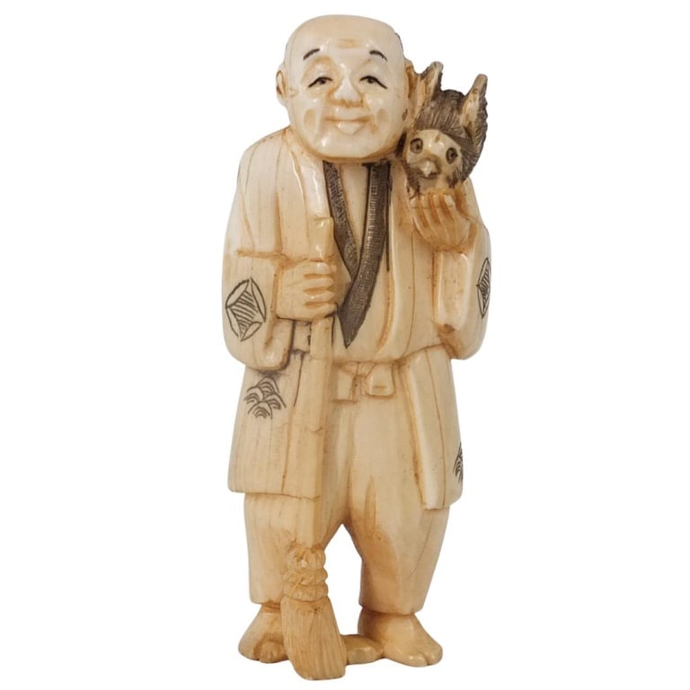 Antique Japanese Carved Figurine: Antique Japanese Polychrome Carved Figurine of a Man Holding a Chicken. Signed. Measures 3-1/4" x 1-1/2". Please note; this lot contains material which may be subject to state or import/export restric