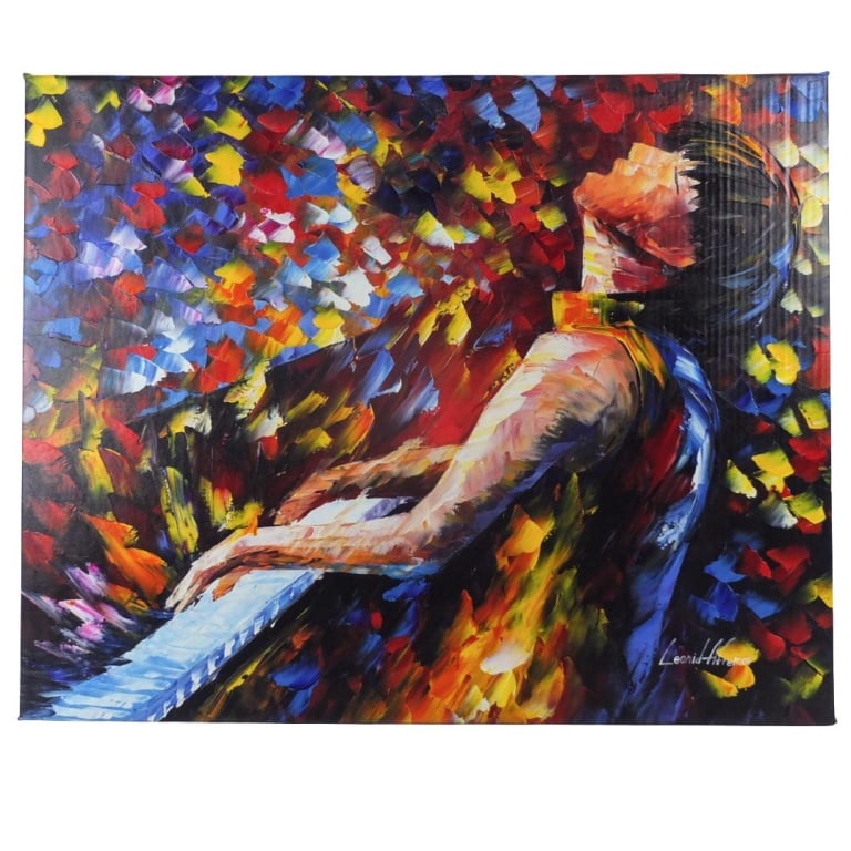 Leonid Afremov, Russian (Born 1955): Leonid Afremov, Russian (Born 1955) Oil on Canvas "Music Fight" Signed Lower Right. Inscribed en verso. Artwork is mounted on a stretcher measuring 24" x 30". Condition: Good condition. Estimate 100 -