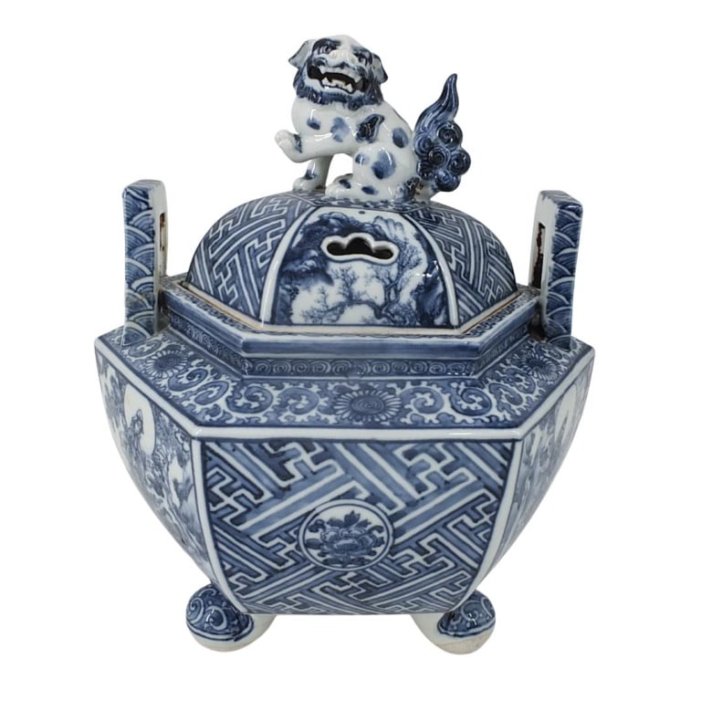 Asian Blue and White Incense Burner: Asian Blue and White Porcelain Incense Burner Standing on Tripod Base. Unsigned. Measures 10-1/2" x 8-3/4". Condition: Good condition. Estimate 100 - 300 Domestic shipping Third party