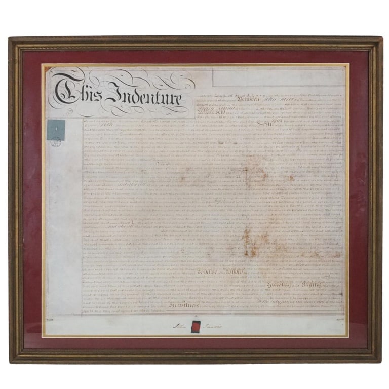 Antique Framed Indenture Document: Antique Framed Indenture Document Signed by John Jarvis. London sealed and stamped. Sight measures 25-1/2" x 29-1/2". Frame measures 28-1/8" x 32-1/8". Condition: Good condition. Estimate 200 - 400 Do