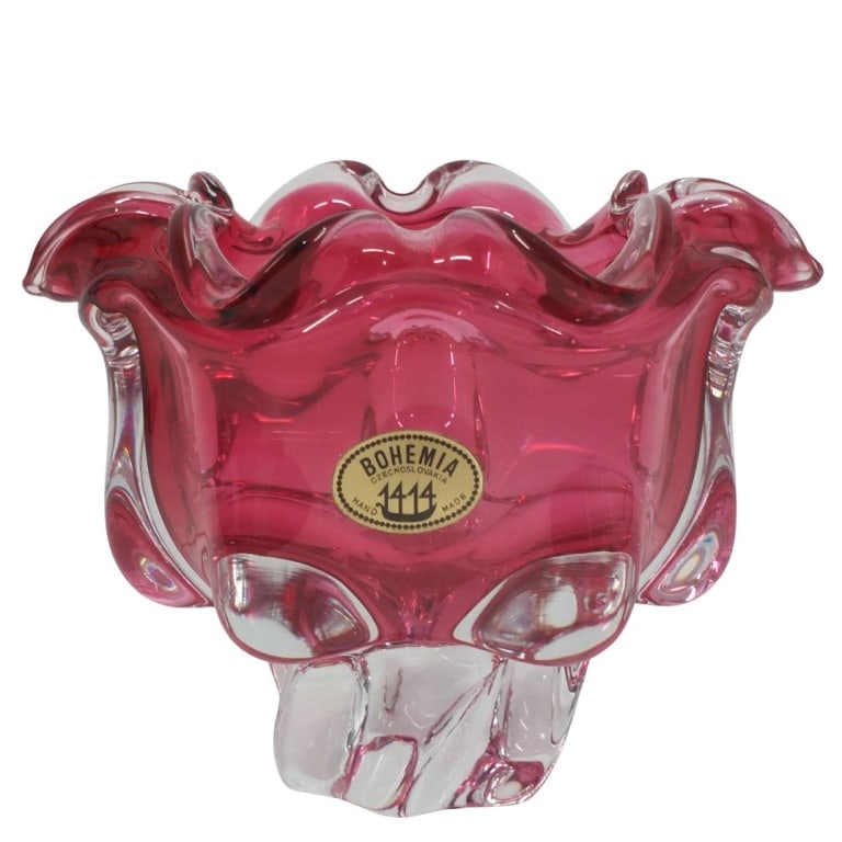 Vintage Bohemian Czech Glass Bowl: Vintage Bohemian Czech Pink to Clear Glass Bowl. Label attached on the surface. Measures 5-3/4" x 7-1/2". Condition: Good condition. Estimate 50 - 150 Domestic shipping Third party