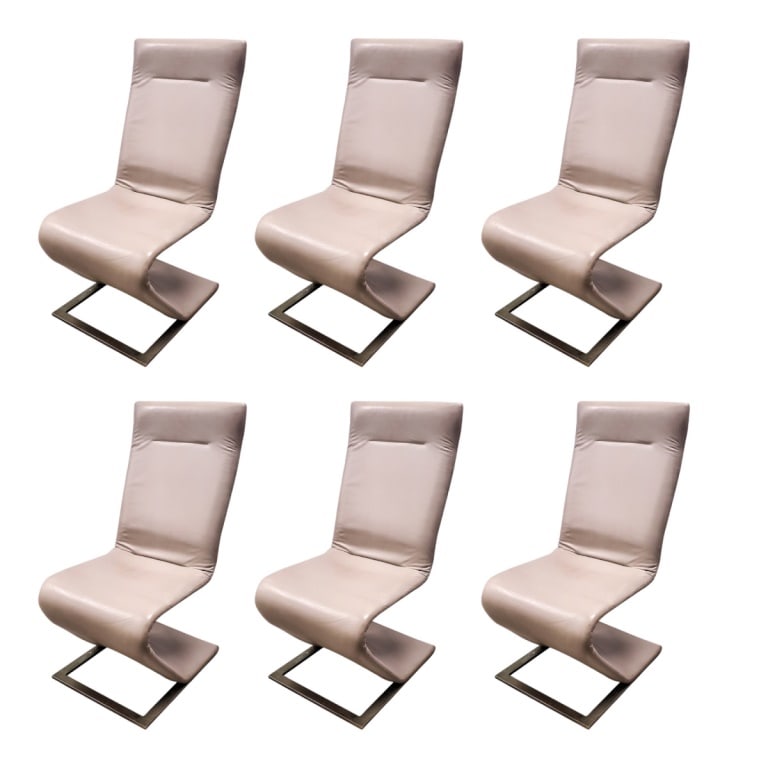 Roger Rougier (20th Century) Dinning Chairs: Roger Rougier (20th Century) Set of Six Upholstered and Steel Z Dinning Chairs. Labeled on the base. Measures 40" x 18-3/4", 17-1/4" seat height. Condition: Chairs need a routine cleaning. Oxidation t