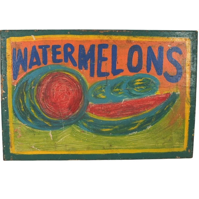 Vintage Folk Art Advertising Sign: Vintage Folk Art Hand Painted Wooden Watermelon Advertising Sign. Measures 16-1/4" x 24". Condition: Has some rubbing and paint loss to the surface. Estimate 50 - 150 Domestic shipping Third Party