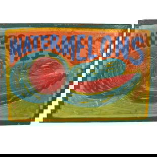Vintage Folk Art Advertising Sign: Vintage Folk Art Hand Painted Wooden Watermelon Advertising Sign. Measures 16-1/4" x 24". Condition: Has some rubbing and paint loss to the surface. Estimate 50 - 150 Domestic shipping Third Party