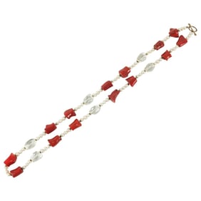 Vintage Coral, Pearl and Crystal Necklace