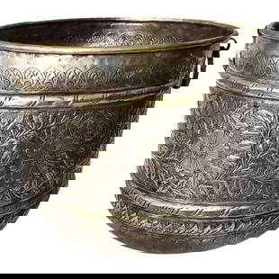 Large Indian Brass Planter: Large Indian Etched Silver Over Brass Planter. Measures 14-1/2" x 17-1/4". Condition: Patch work and small separation to an area of the canvas. Estimate 20 - 60 Domestic shipping Third party
