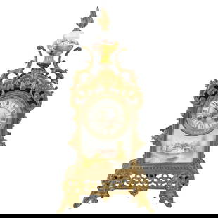 19th C. French Bronze Mantle Clock: 19th Century French Gilt Bronze Mantle Clock with and Hand Painted Porcelain Panel. Measures 18-1/4" x 9" x 4-1/2". Please note; we do not guarantee the working condition of clocks. Condition: No key