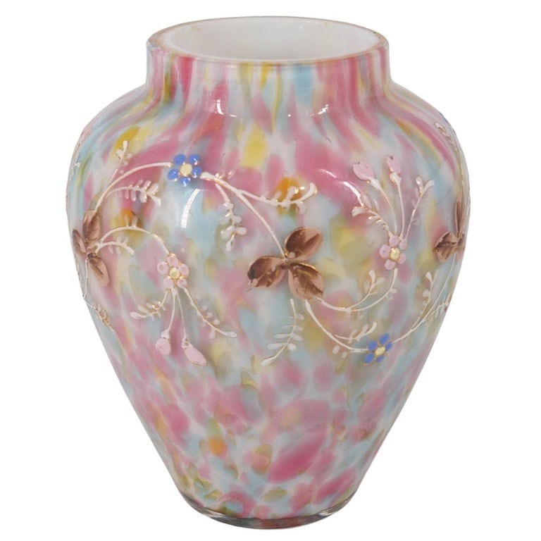 Antiques Thomas Webb Glass Vase: Antiques Thomas Webb Spotted Glass Vase with Applied Enameled Flora. Measures 4-3/8" x 3-3/8". Condition: Good condition. Normal rubbing to the gilt. Estimate 100 - 300 Domestic shipping Third party
