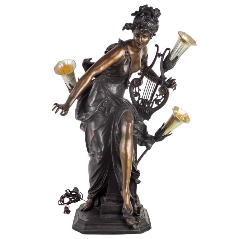 Albert-Ernest De Carrier-Belleuse (1824 - 1887): Albert-Ernest De Carrier-Belleuse, French (1824 - 1887) Bronze Sculpture "Harmonie" Signed. Sculpture has been converted into a lamp and includes iridescent glass shades. Overall measures 30" x 18-1/2