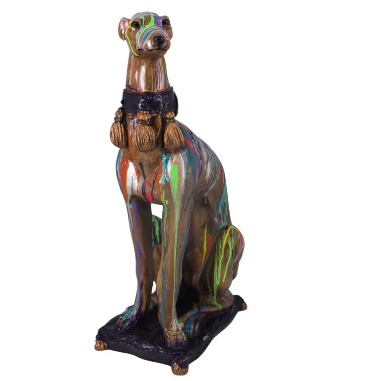 Large DOMI Psychedelic Street Art Sculpture: Large DOMI Psychedelic Street Art "Greyhound" Drip Glazed Polychrome Sculpture. Signed. Measures 25-3/4" x 8-1/4" x 13-1/4". Condition: Good condition. Estimate 150 - 550 Domestic shipping Third party