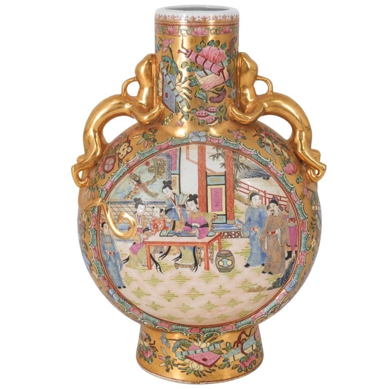 Vintage Chinese Porcelain Vase: Vintage Chinese Porcelain Moon Flask Vase. Signed. Measures 14-1/8" x 9-1/8". Condition: Good condition. Estimate 100 - 200 Domestic shipping Third party