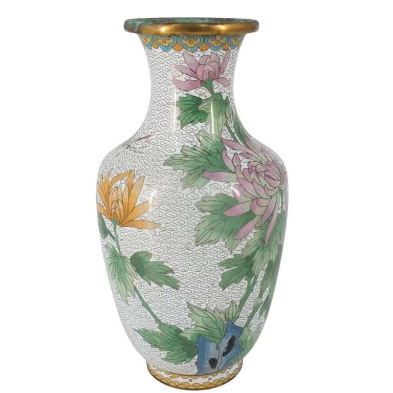 Chinese Cloisonne Enameled Vase: Vintage Chinese Cloisonné Enameled Vase. Measures 10-1/4" x 5". Condition: Good condition. Estimate 50 - 150 Domestic shipping Third party