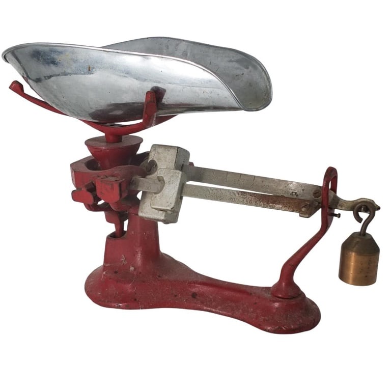 Antique Cast Iron Mercantile Scale: Antique American Cast Iron Mercantile Scale. Unmarked. Measures 13" x 19". Condition: Oxidation and rubbing to the paint. Estimate 50 - 150 Domestic shipping Third Party