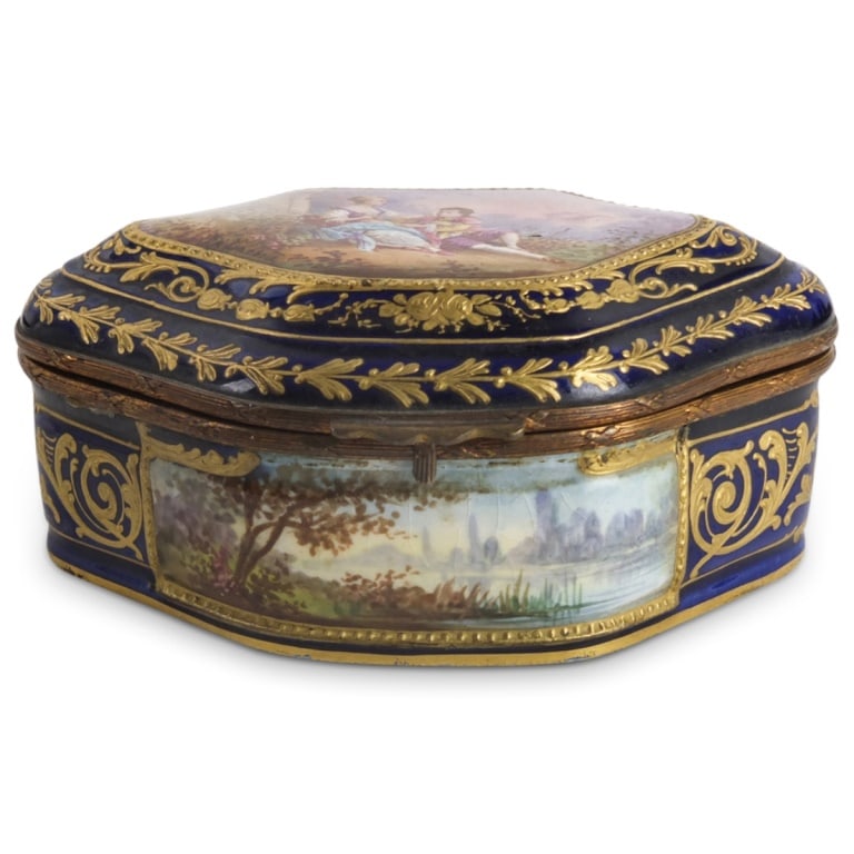 Antique Sevres Porcelain Dresser Box: Antique Sevres French Cobalt and Gilt Painted Porcelain Dresser Box with Portrait Top. Portrait signed Fr Lacoste lower left. Marked on the base. Measures 2-1/4" x 5" x 3-1/2". Condition: Good conditi