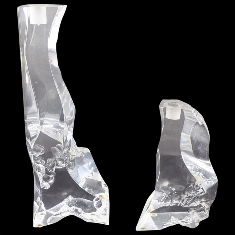 Pair of Modern Lucite Candle Sticks: Pair of Mid-Century Modern Lucite Candle Sticks. signed Alicia. Tallest measures 14-1/8" x 5" x 3-3/8". shorter one measures 8-1/8" x 5 x 3-1/2". Condition: Both Figures have rubbing to the paint and