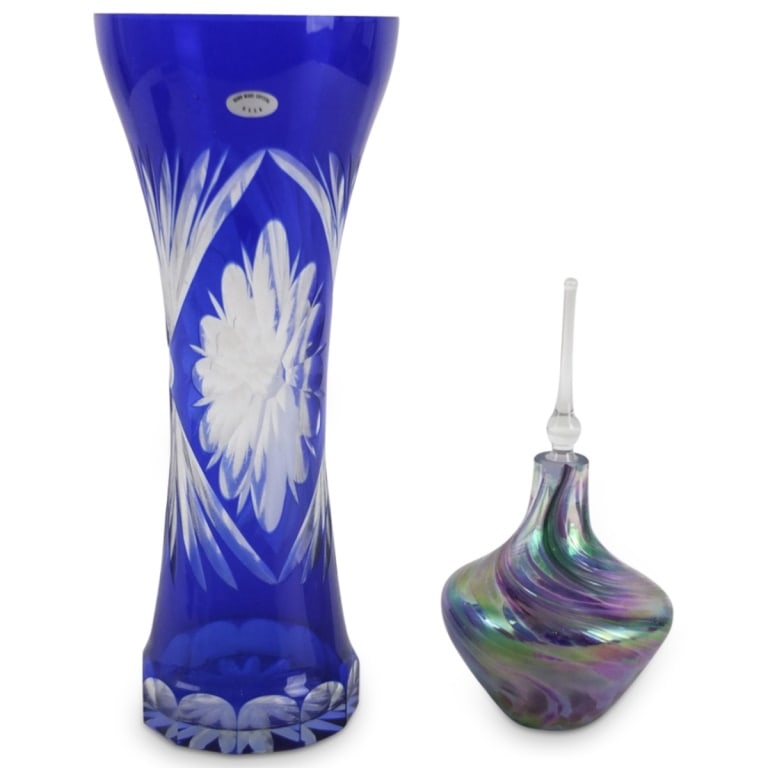Grouping of Vintage Glass Tableware: Grouping of Two Vintage Glass Tableware. Includes a Bohemian cut to clear vase together with a Rosetree perfume bottle. Vase measures 10-3/4" x 4-3/8". Perfume bottle measures 7-1/4" (w/ stopper) x 3-