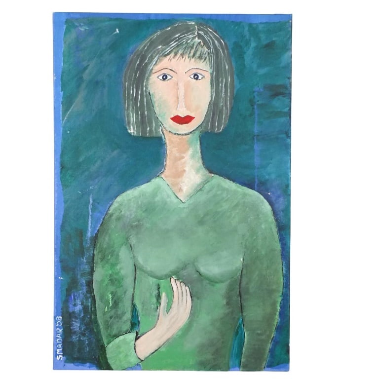 Smadar (20th Century): Smadar (20th Century) Acrylic on Canvas "Portrait of a Woman" Signed and Dated 2008 Lower Left. Unframed. Presented on a stretcher. Measures 25-3/4" x 24". Condition: Good condition. Estimate 50 - 150