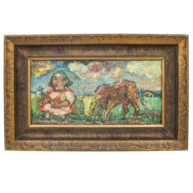 David Davidovich Burliuk (1882 - 1967): David Davidovich Burliuk (1882 - 1967) Oil on Canvas "Figure with Cow" Signed Lower Right. Stamp mark in the back of the canvas. Measures 6" x 12". Frame measures 10-1/4" x 16". Condition: Good Condit