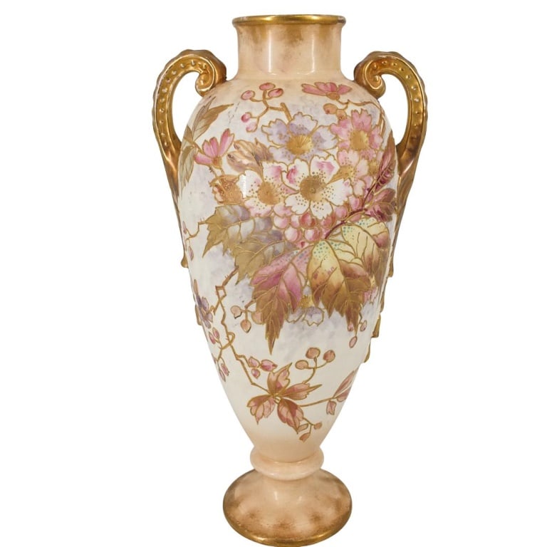 Antique Royal Bonn Porcelain Vase: Antique Royal Bonn Hand Painted Porcelain Vase with Handles. Signed on the base. Measures 13-1/2" x 6-1/4". Condition: Has some rubbing to the gilt on the rims and handles Estimate 100 - 300 Domestic 