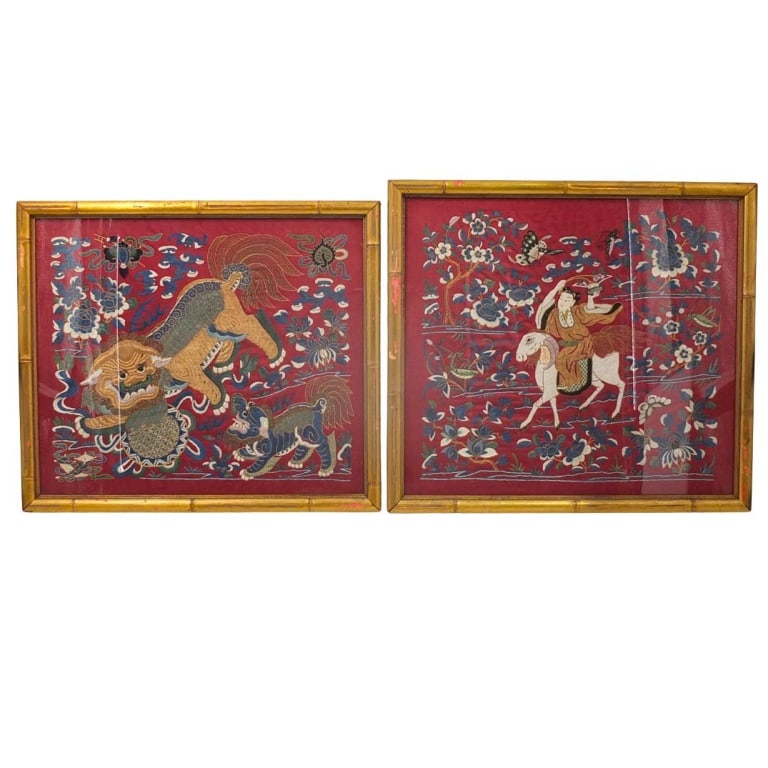 Pair of 19th C. Chinese Silk Embroidered Panels (1 of 5)