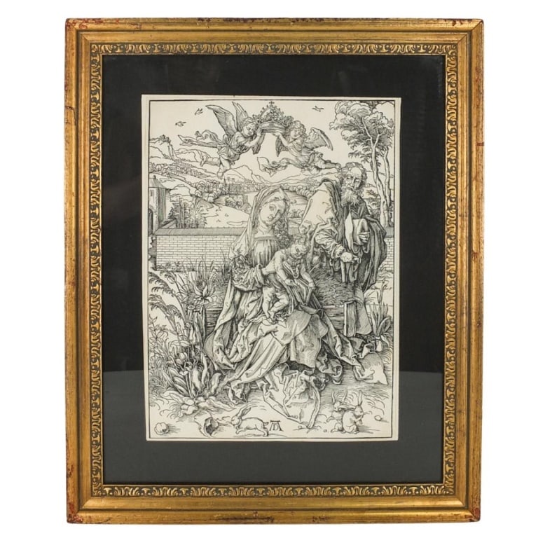 After: Albrecht Durer (1471 - 1528): After: Albrecht Durer (1471 - 1528) Wood Cut Engraving on Paper "The Holy Family with Three Hares" Signed Lower Center. Crown stamp mark on the reverse side of the paper. Sight measures 15-1/2" x 11-1