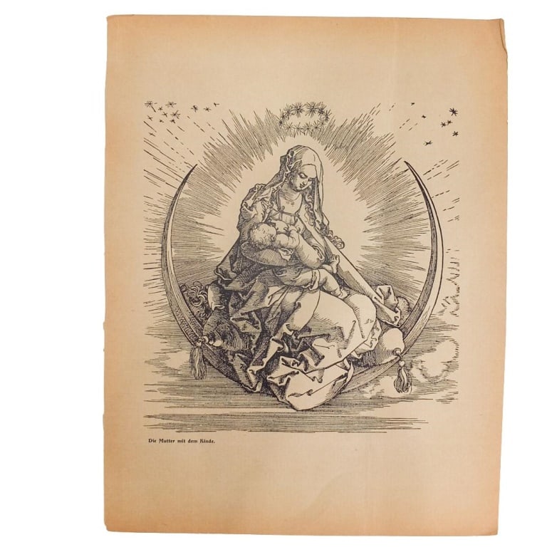 After: Albrecht Durer (1471 - 1528): After: Albrecht Durer (1471 - 1528) Engraving on Paper "Madonna with Child" Lion Stamp Mark on the Reverse Side of the Paper. Unframed. Sheet measures 12-5/8" x 9-3/8". Condition: Has some toning to t