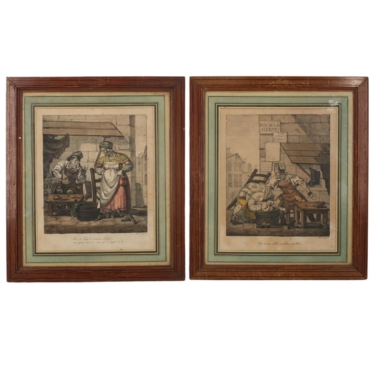 Edme Jean Pigal (1798 - 1872): Edme Jean Pigal, French (1798 - 1872) Pair of Hand Colored Stone Engravings Printed By Lith De Landlume. Mme Marcel Guiot label en verso. Sight measures 11" x 9". Frame measures15-3/4" x 13-3/4". Cond